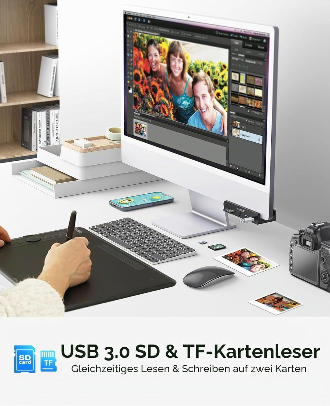ORICO Clip-Typ USB Hub mit SD/TF Kartenleser, 5 in 1 USB Hub 3.0 mit 2 Typ A 3.0 Ports, 3.5 mm Audio