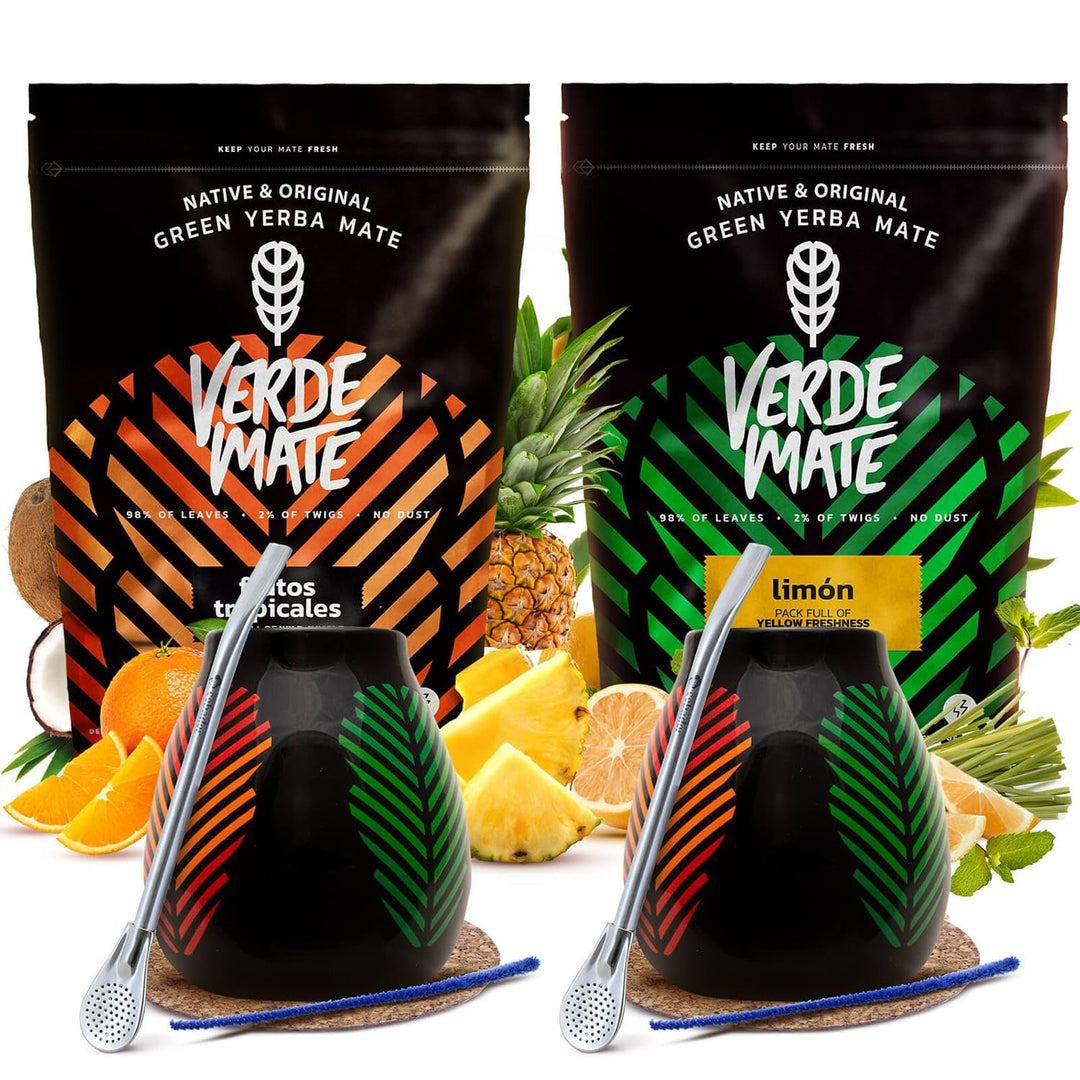 Mate Tee Set Verde Mate Frutos Tropicales und Limon 1kg - mit 2x Mate Becher 350ml, 2x Bombilla und