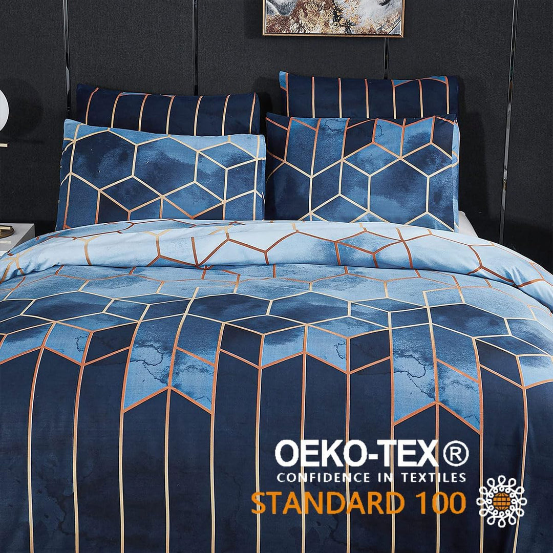 Freyamy Bettwäsche 220x240 cm 3 Teilig Blau Kariert Marmor Wendebettwäsche Geometrische Modern Micro