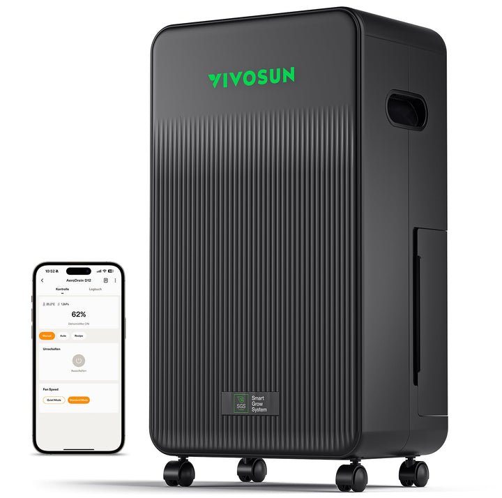 VIVOSUN AeroDrain D12 Luftentfeuchter Elektrisch 12L/Tag mit 2L Tank, Smart Dehumidifier mit Tempera
