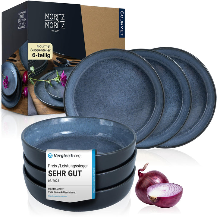 Moritz &amp; Moritz VIDA 6er Suppen Teller Set Blau - Suppenteller für 6 Personen - Porzellan spülmaschi