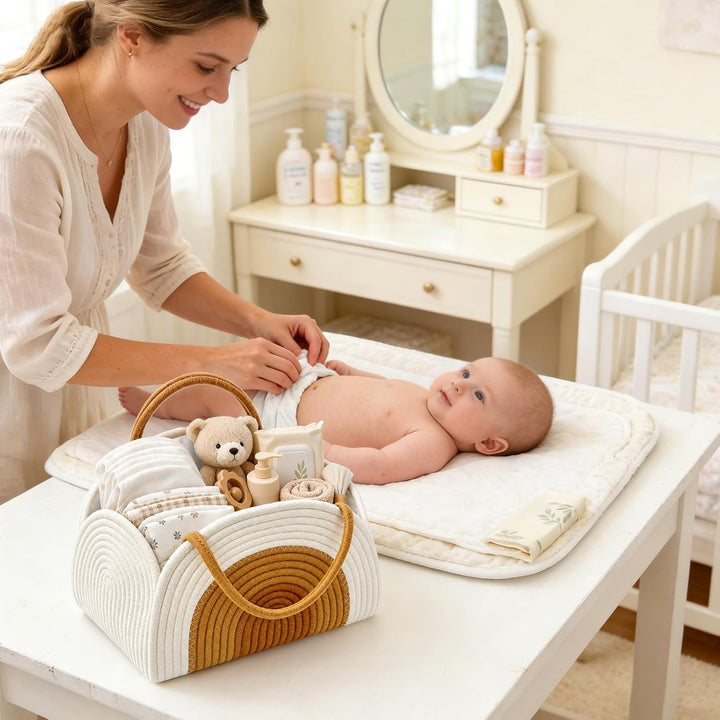 Baby Windel Caddy Organizer, Wickeltisch Organizer mit Fächern und Griffen, Tragbarer Wickeltasche O