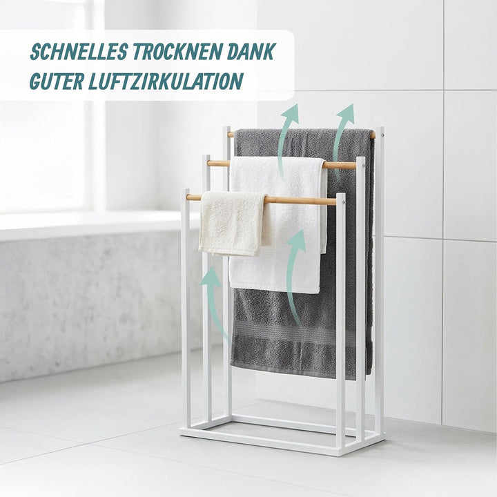 Relaxdays Handtuchständer, HBT: 76 x 45 x 21,5 cm, Metall, 3 Stangen aus Bambus, stehender Handtuchh