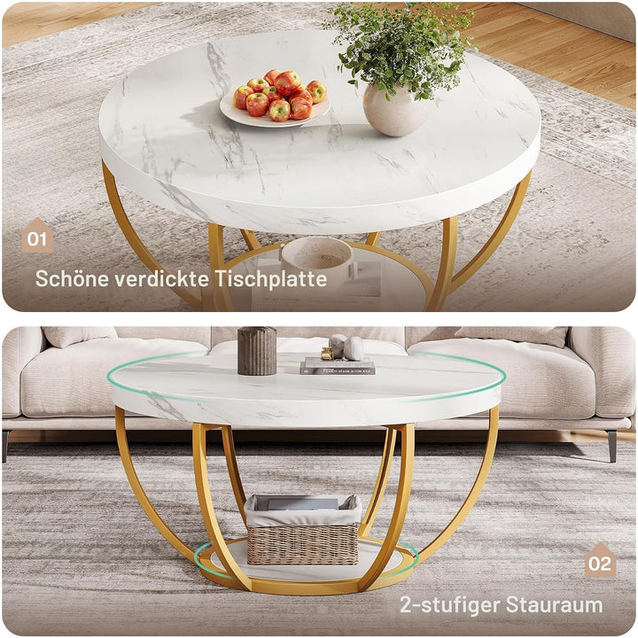 Tribesigns moderner runder Couchtisch, 2-stöckiger Couchtisch mit weissem Marmor und goldenen Metall