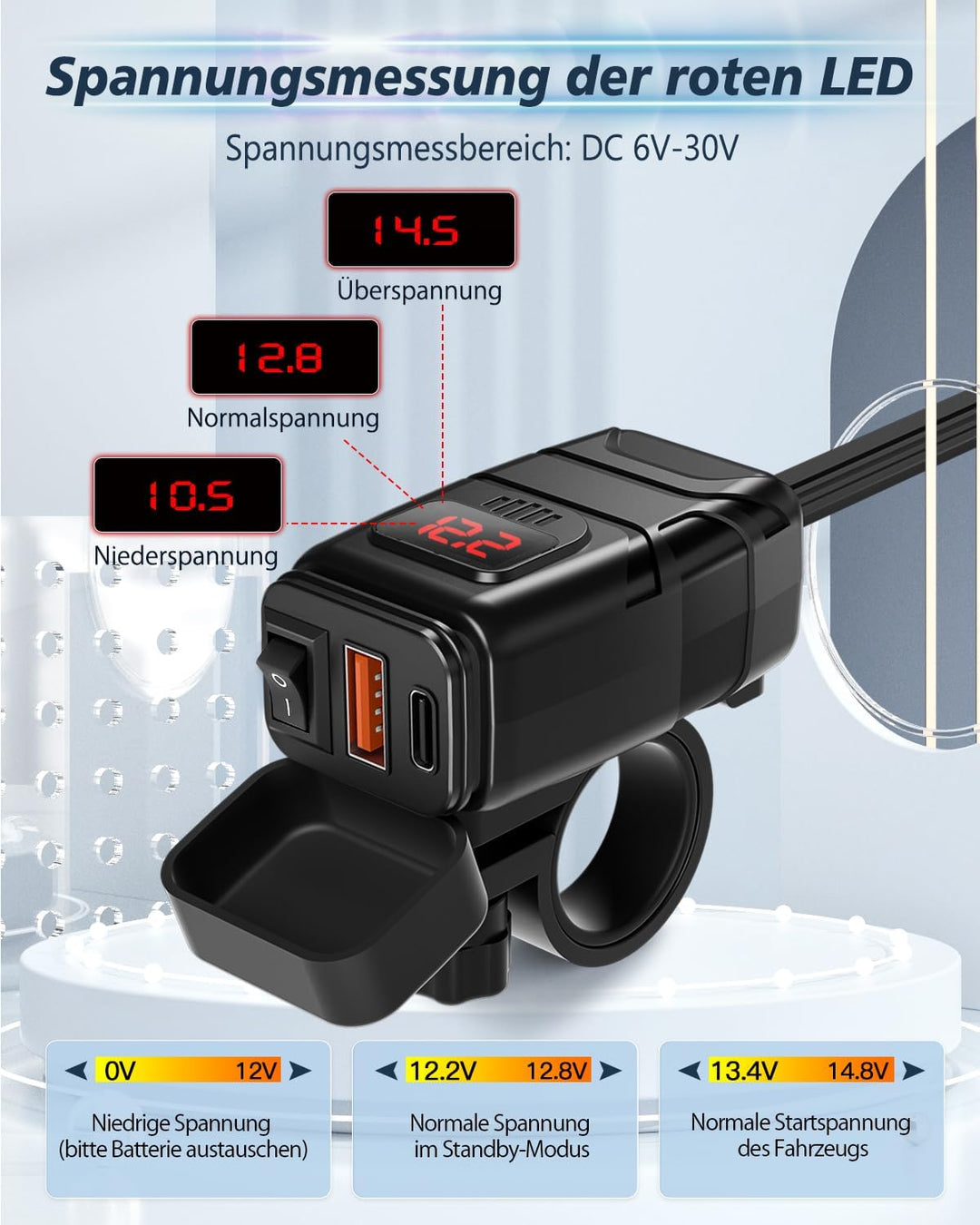 Extractme Motorrad-Handy-Ladegerät, 6,4 A Dual USB Typ C PD & Quick Charge 3.0 Motorrad USB-Ladegerä