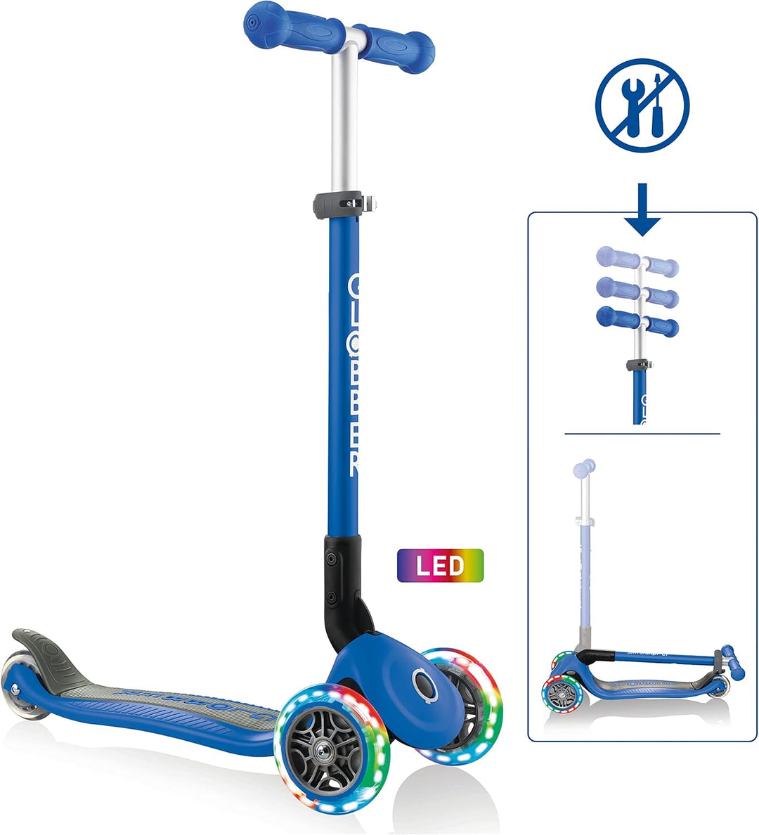 GLOBBER Primo Foldable Lights – Tretroller Kinder, 120/80 mm, ABEC 5, 3-rädrig, höhenverstellbar, LE
