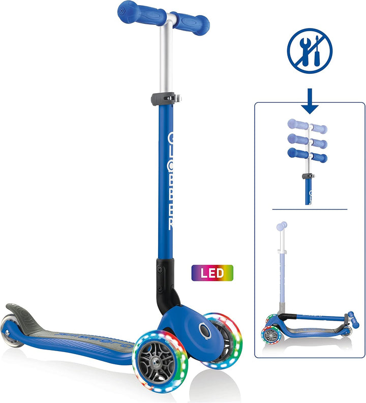 GLOBBER Primo Foldable Lights – Tretroller Kinder, 120/80 mm, ABEC 5, 3-rädrig, höhenverstellbar, LE