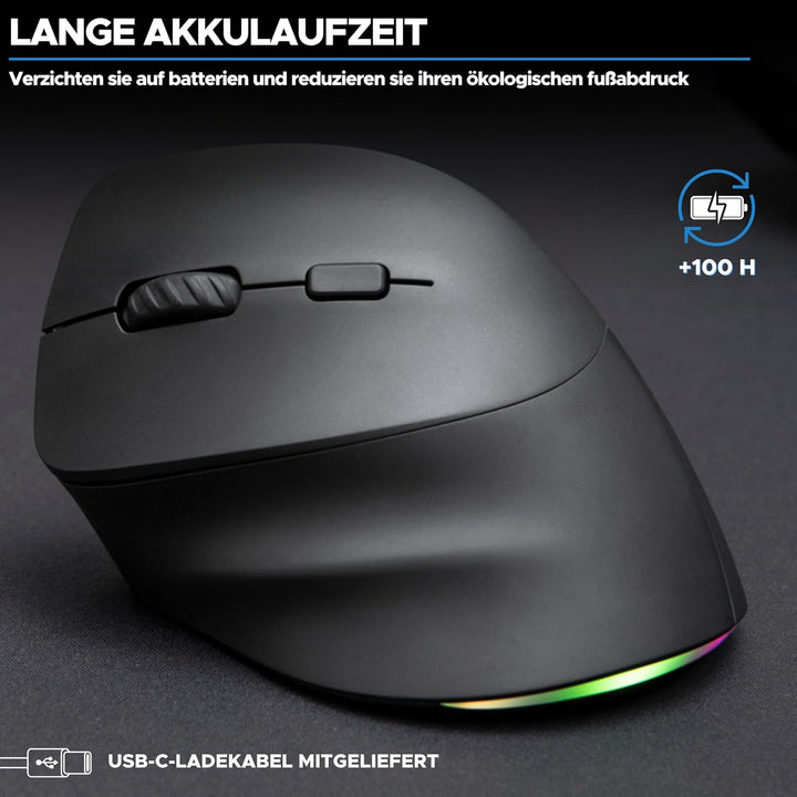 Bluestork - Ergonomische Vertikale Kabellose Maus 4800 DPI RGB Links | Kabellos 2.4GHz &amp; Bluetooth,