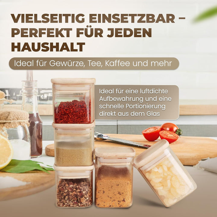 Celeko Home Stapelbare Gewürzgläser Eckig Bambus-Holzdeckel 270ml (Set 12 Stück) Gewürzbehälter Gewü