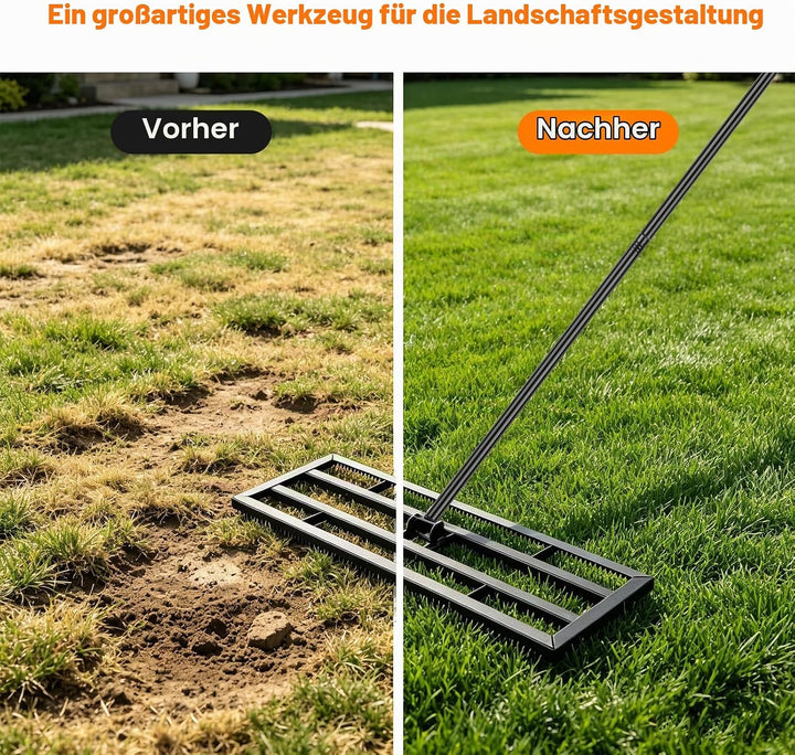 Rasen Nivellierrechen 43x25cm mit Gezahnte Seite und 199 cm Langer Griff, 2-In-1 Rasen-Nivelliergera