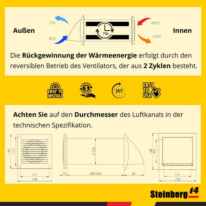 Steinberg14 Ø 100mm Dezentrale Einzelraumlüftungsanlage mit Wärmerückgewinnung 85% - mit Schalter, A