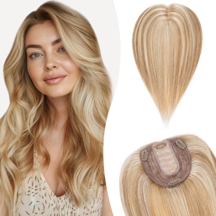 Silk-co Hair Topper Echthaar, 10x12cm Basis Toupet Damen, Haartopper Echthaar mit Remy Seide Basis,
