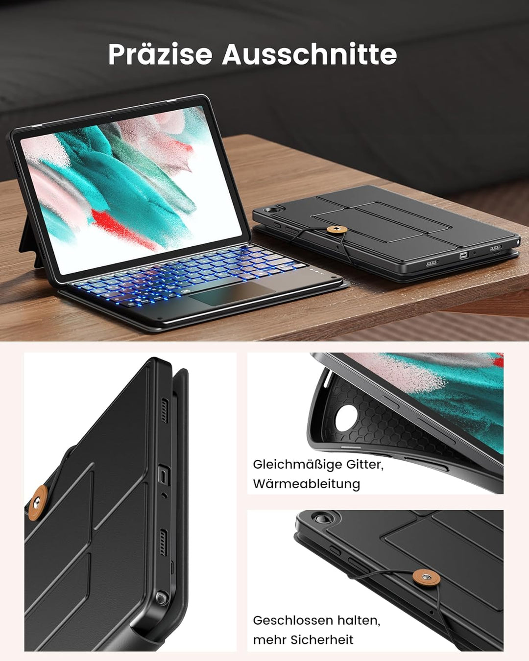 INFILAND Galaxy Tab A9 Plus Hülle mit Tastatur [Hochpräzises Touchpad], Handschlaufe &amp; Faltbare Stän