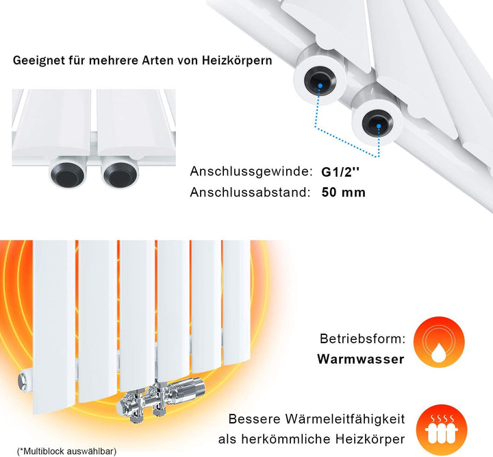 ELEGANT Design Heizkörper Horizontal mit Chrom Multiblock 630x1001mm Einlagig Weiss Badezimmer/Wohnr