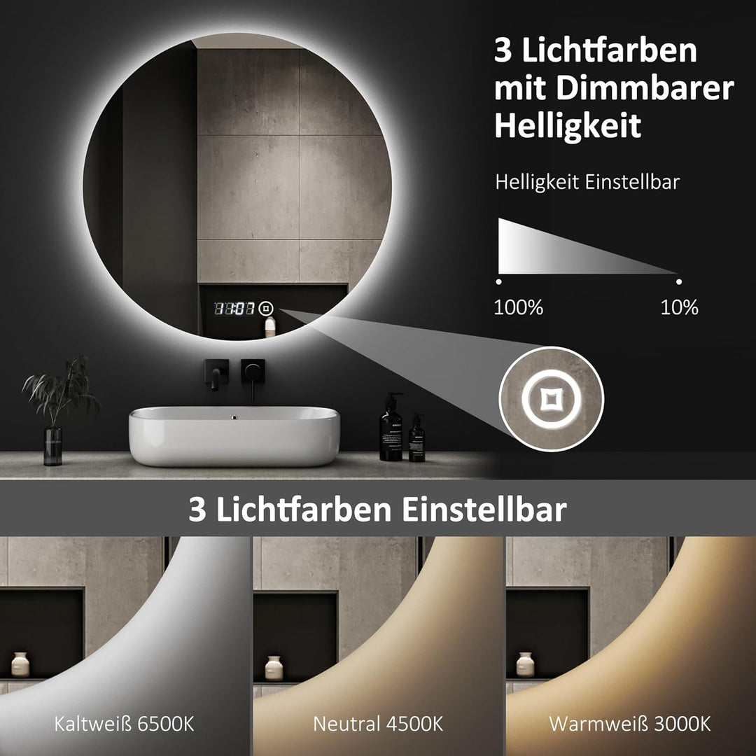 Boromal LED Badspiegel Rund 60x60cm Spiegel mit Beleuchtung LED Spiegel Rund mit Uhr Runder Badezimm