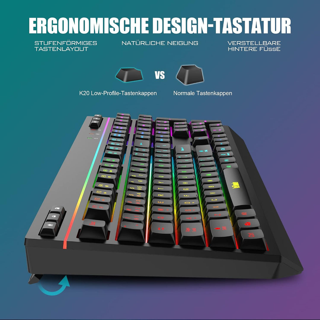 RedThunder K20 Rechargeable Kabelloses Tastatur und Maus Set, QWERTZ DE Layout, RGB Hintergrundbeleu
