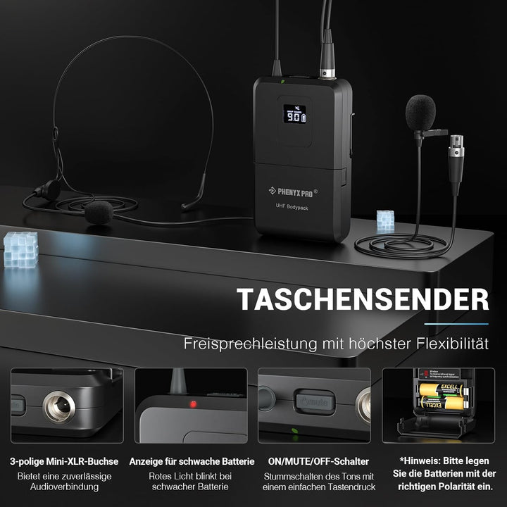Phenyx Pro 4-Kanal-Drahtlos-Mikrofon-System, UHF Auto Scan Cordless Mic Set, 4 Bodypacks mit Headset