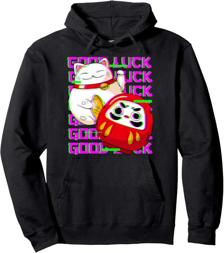 Vaporwave Maneki Neko Lucky Cat Japanese Daruma Doll Kawaii Pullover Hoodie