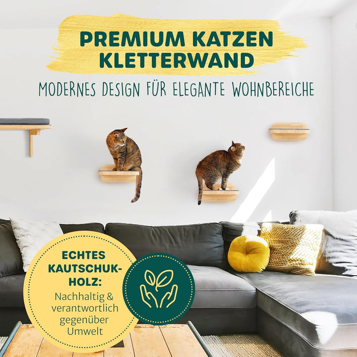 HAPPYPET Katzentreppen 3er-Set für Wandmontage - Nachhaltiges Hartholz, Designer Kletterwand Katzen,