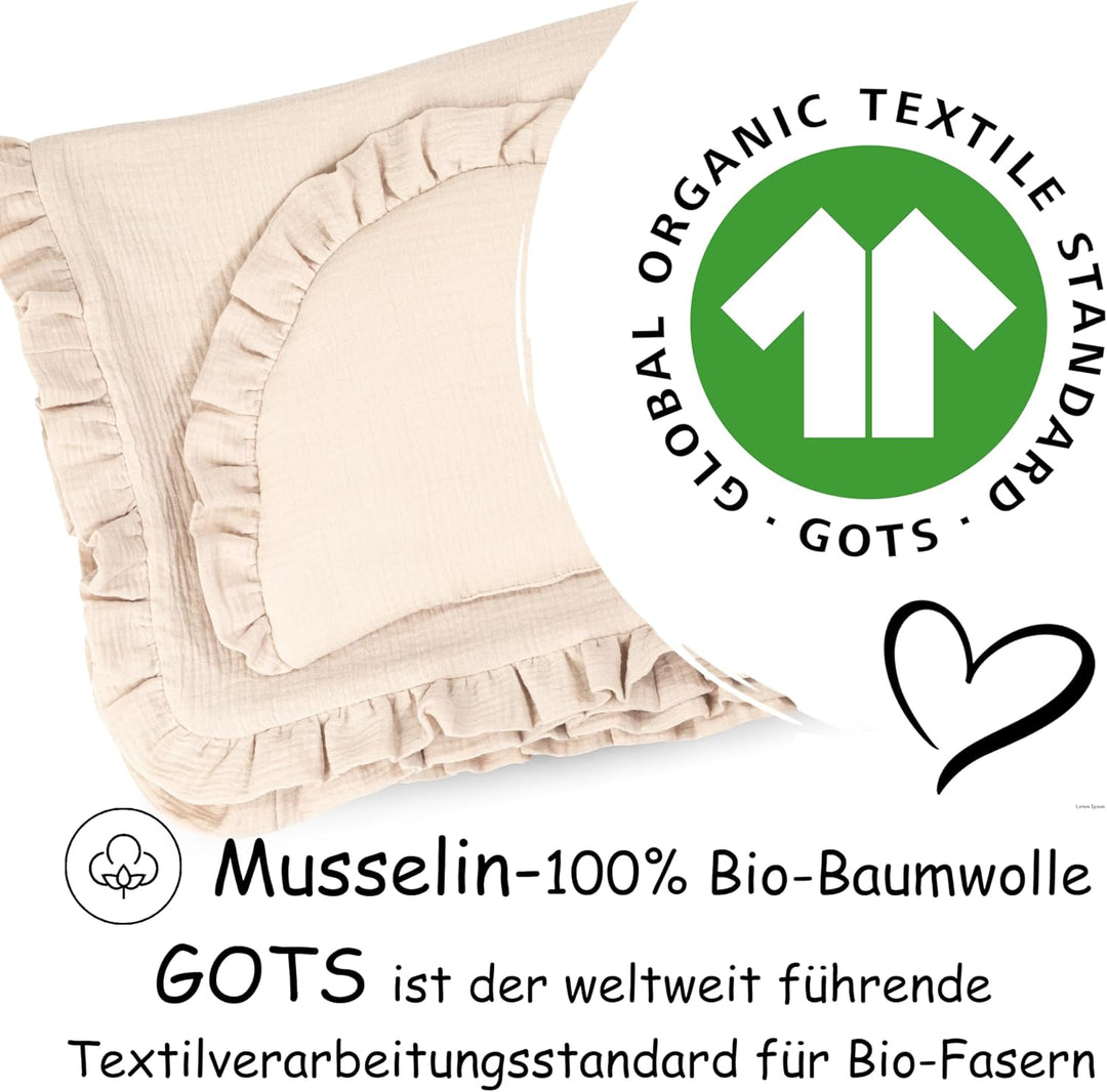 PinkZebra Musselin-Bettwäsche mit Rüschen für Babys Neugeborene, weiches Flachkissen + 4-lagige Deck
