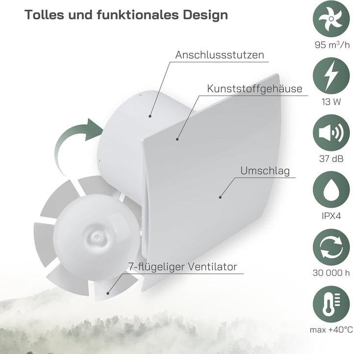Vent Systems Badlüfter 100mm Weiss Wasserdicht Badventilator mit Feuchtigkeitssensor und Timer - IPX