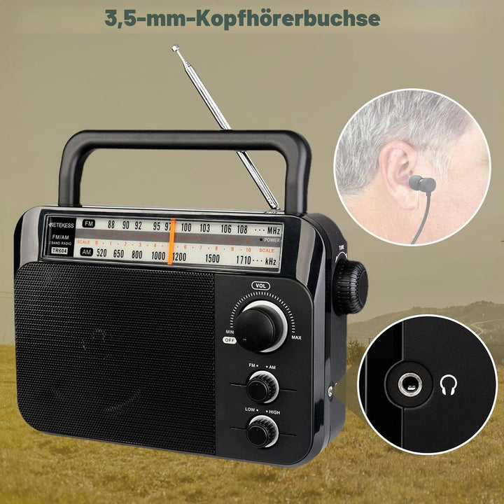 Retekess TR604 Kofferradio,Tragbares Radio,Einfaches Radio,Netzkabel oder Batteriebetrieb,Grosser Kn