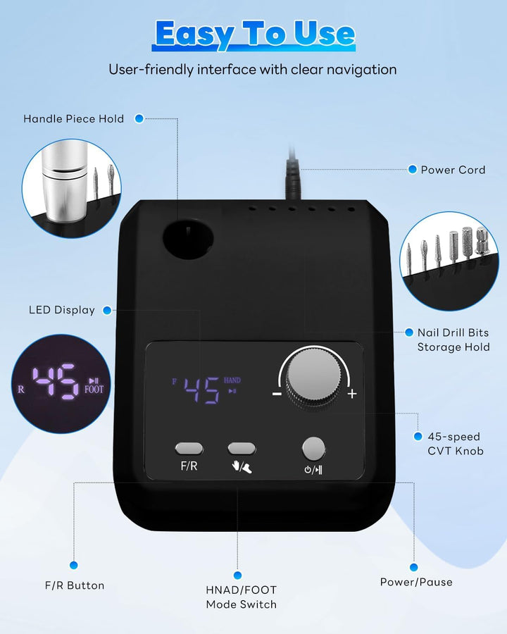CozyZen Elektrische Nagelfräse Professional, 45000 U/min mit LCD-Display | Hand- &amp; Fusssteuerung, le