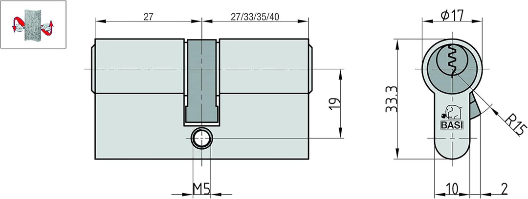 BASI | V50 Profil-Kurzzylinder 27/27 mm mit Not- und Gefahrenfunktion | Verschiedenschliessend | Pro