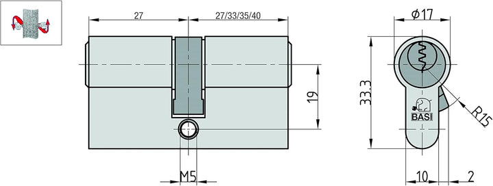 BASI | V50 Profil-Kurzzylinder 27/27 mm mit Not- und Gefahrenfunktion | Verschiedenschliessend | Pro