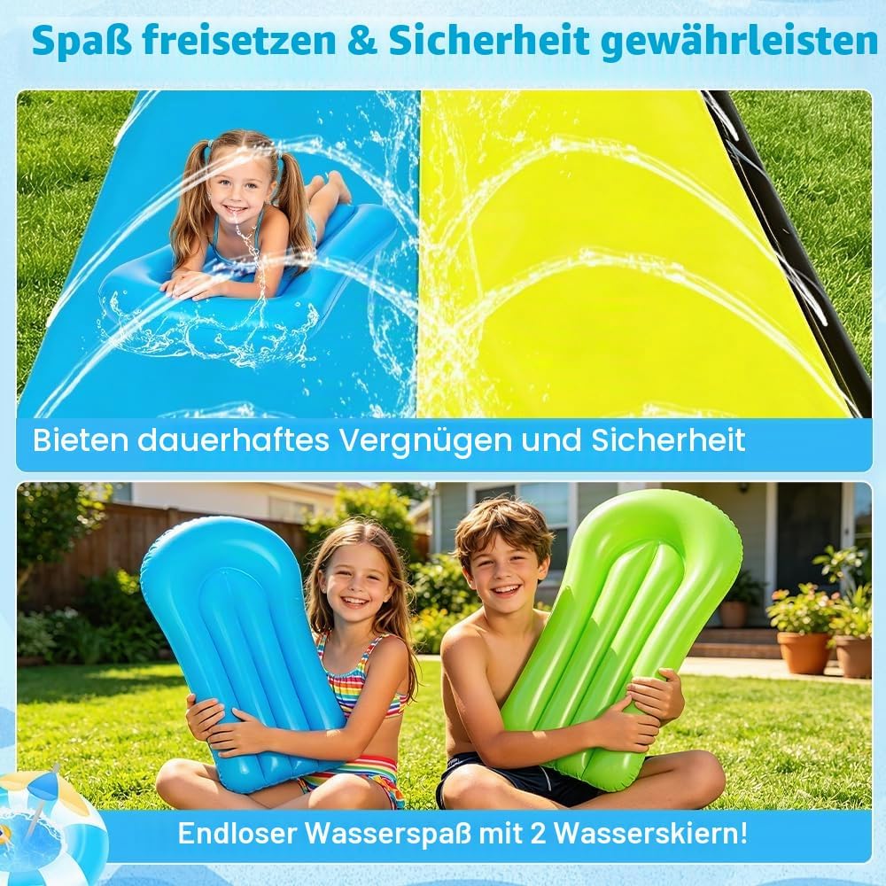 Foreverup 610CM Wasserrutsche Garten für Kinder,Wasserrutschmatte mit 2 Bodyboards, Aufblasbare Wass
