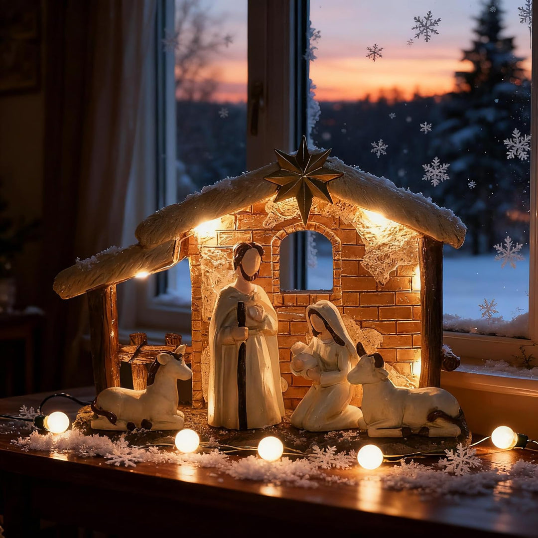 Topsky Krippenfiguren Set – Weihnachtskrippe mit Beleuchtung, 5pcs Krippenset Handbemalt – Weihnacht