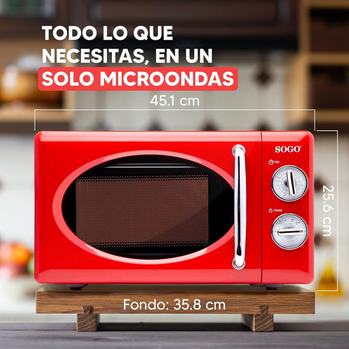 SOGO HOR-SS-890-R Mikrowelle im Retro-Stil, Vintage-Stil, 20 Liter, 5 Leistungsstufen, 700 Watt, Rot