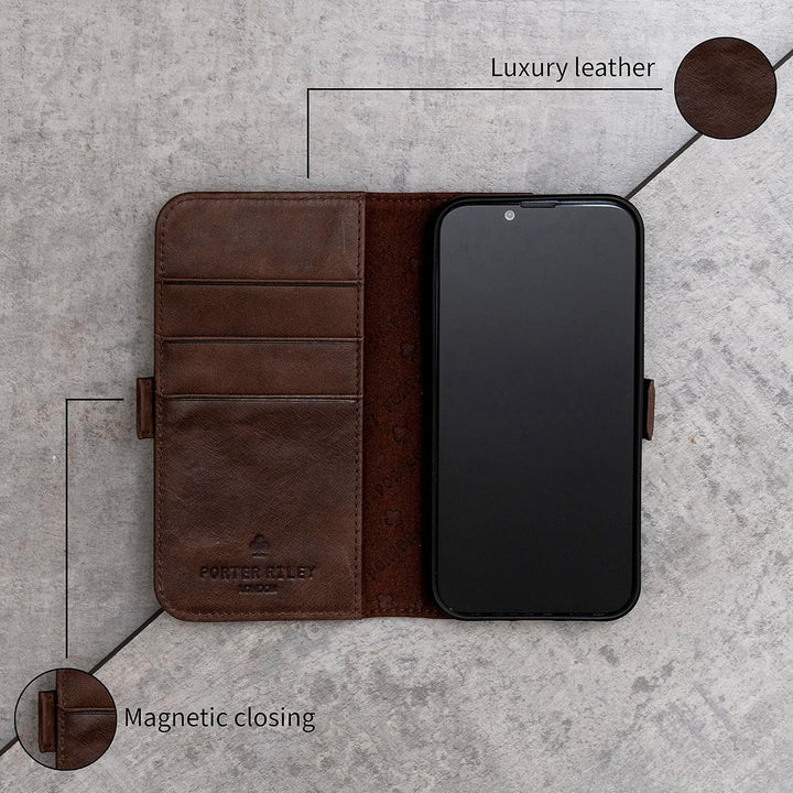 Porter Riley - Lederhülle für iPhone 13 Mini (5.4"). Premium Echtleder Standhülle/Ledertasche/Brieft