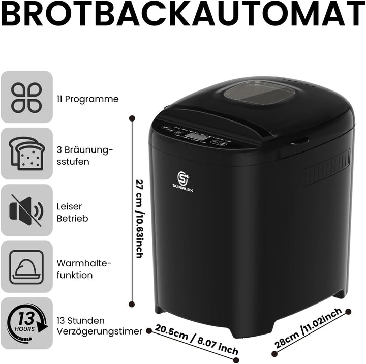 Brotbackautomat 550W Bread Maker Machine Brotbackautomaten mit 11 Programme 2 Grössen 700g 900g LCD