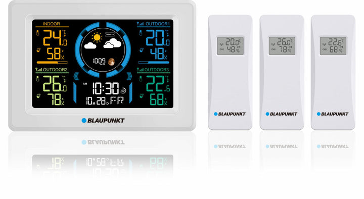 Blaupunkt WS40WH Wetterstation mit 3 externen Temperatur- und Luftfeuchtigkeitssensoren LCD-Display