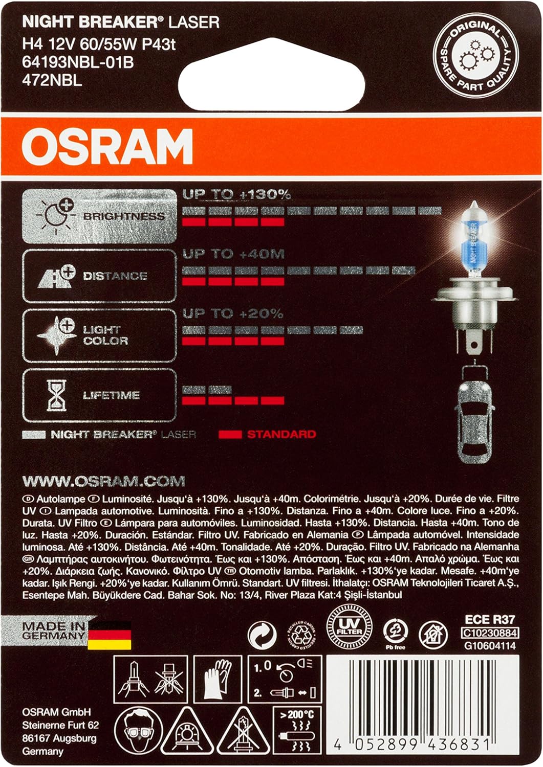 Osram 64193NBL-01B NIGHT BREAKER LASER H4 Halogen, Scheinwerferlampe, 12V, Einzelblister, 1 Stück we