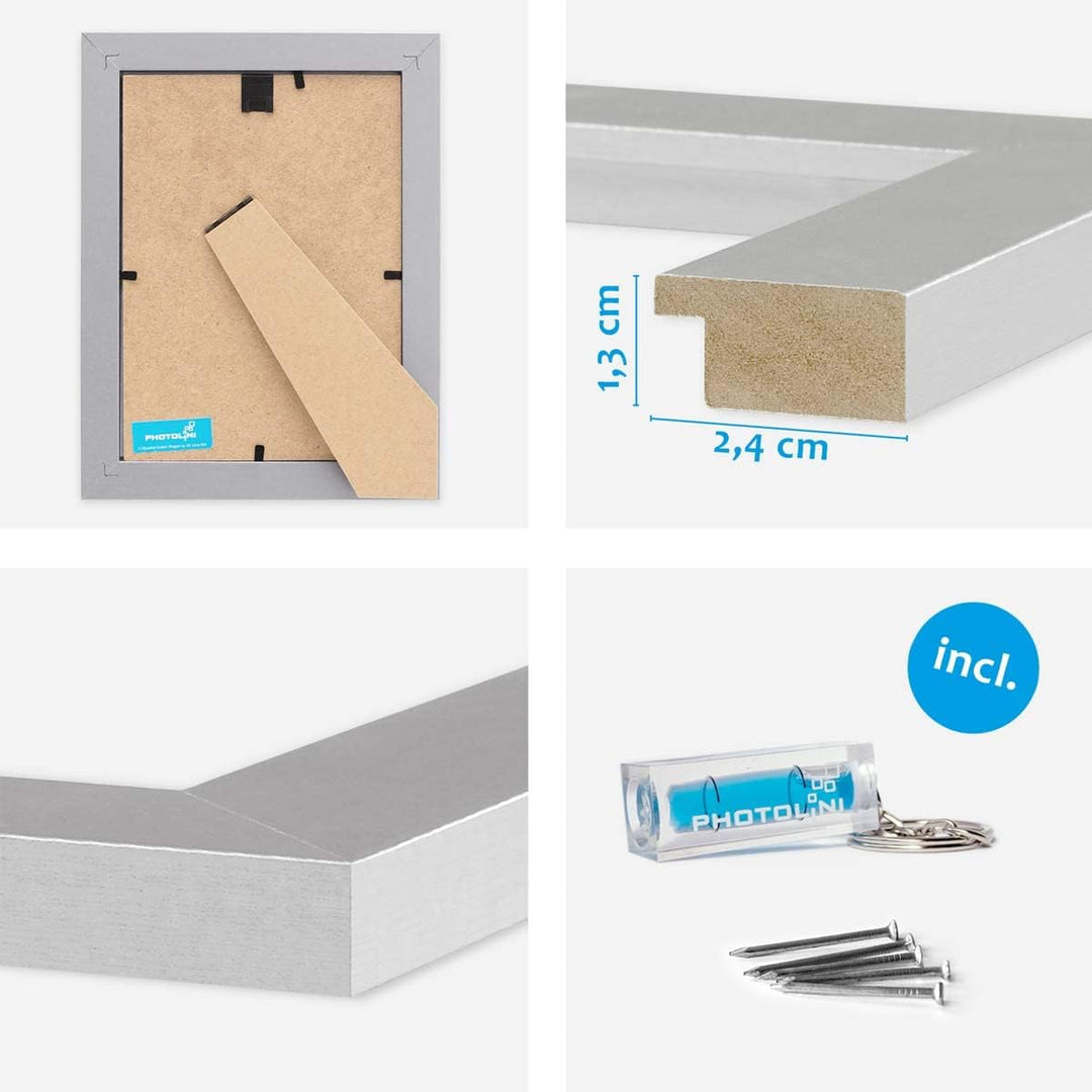 PHOTOLINI 10er Bilderrahmen-Set 15x20 cm Basic Collection Modern Silber aus MDF inklusive Zubehör/Bi