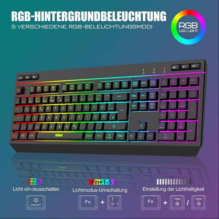 RedThunder K20 Rechargeable Kabelloses Tastatur und Maus Set, QWERTZ DE Layout, RGB Hintergrundbeleu