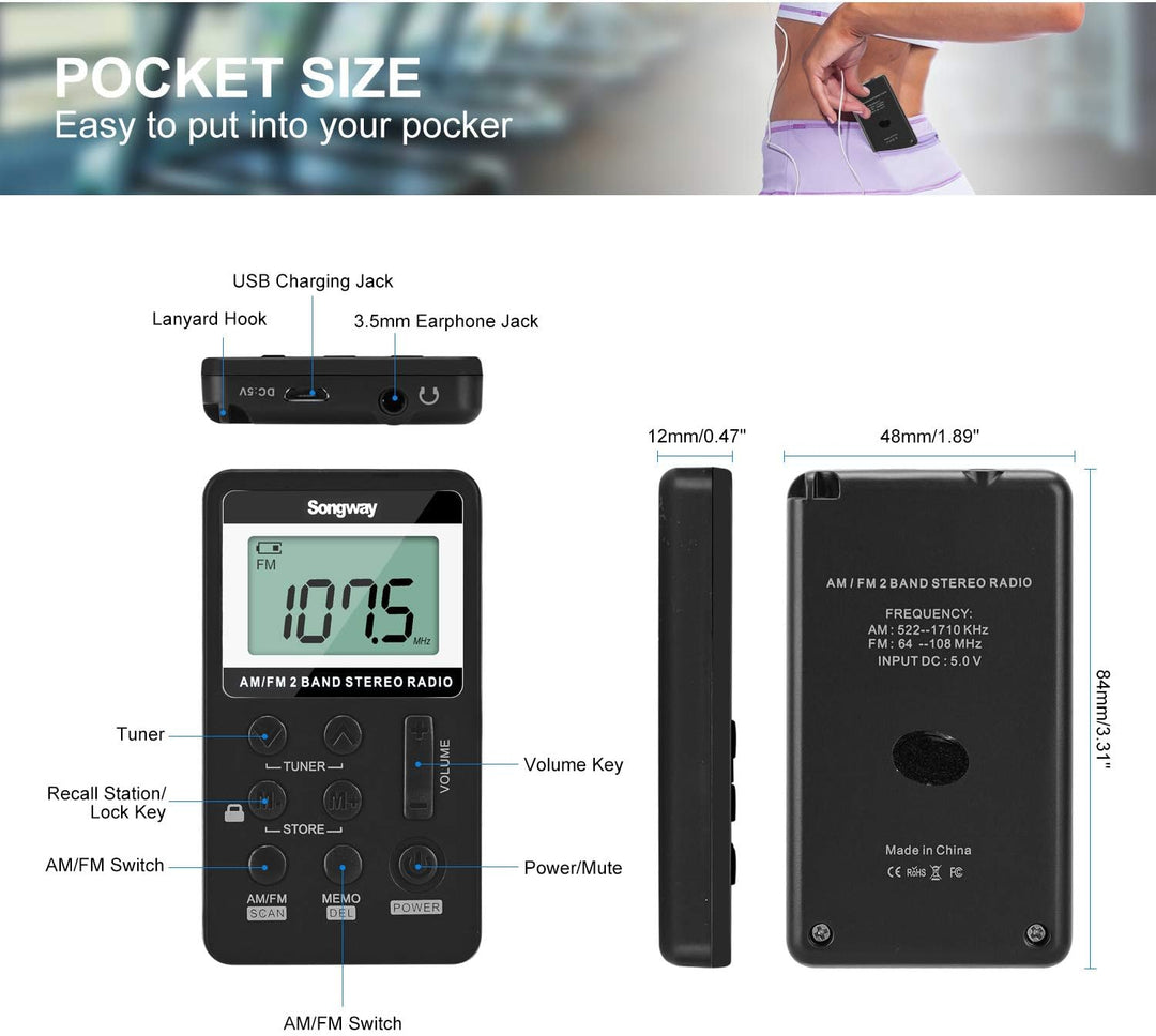 Songway AM/FM-Taschenradio Stereo mit Kopfhörer-LCD-Display USB Wiederaufladbar Hervorragender DSP-E