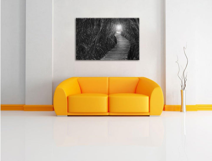 Pixxprint Gehweg im Wald / 100x70cm Leinwandbild bespannt auf Holzrahmen/Wandbild Kunstdruck Dekorat