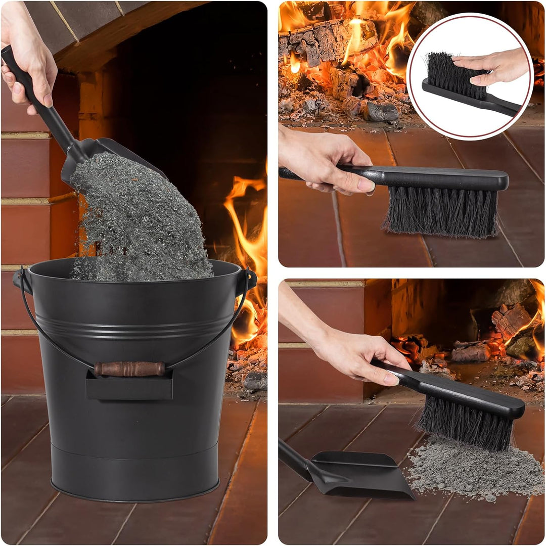 Todeco Ascheeimer Metall 24 L mit Deckel, Schaufel & Bürste, Hitzebeständiger, Holzgriff, Für Kamin,
