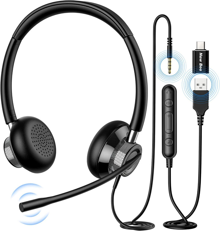 New Bee Headset PC Computer Headset mit Mikrofon Business Headsets USB Typ-C 3.5mm für Call Center O