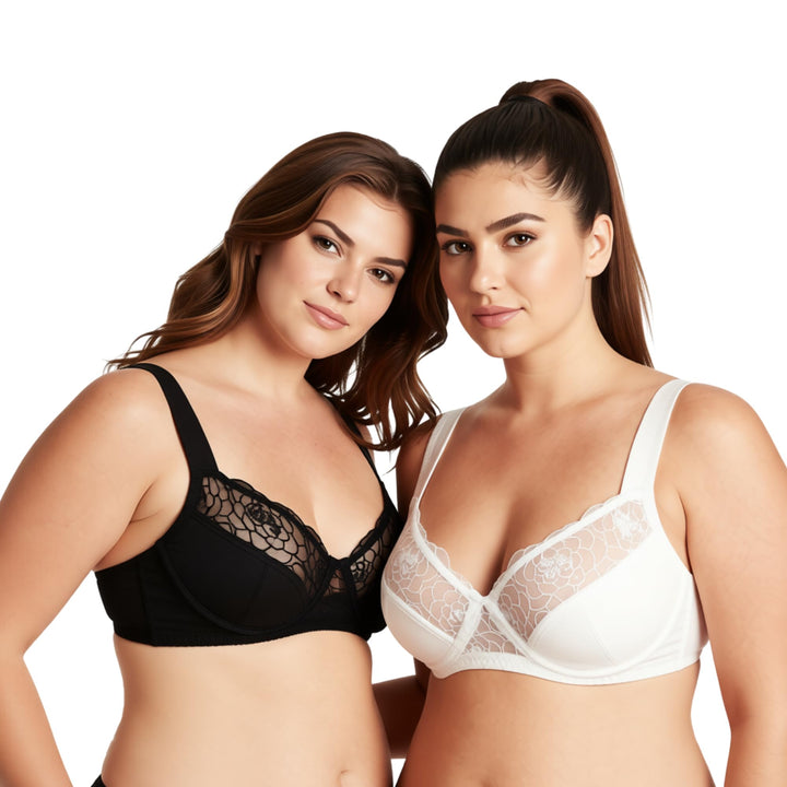Curve Muse Damen Übergrösse Minimizer Bügel-BH mit Stickspitze - 2er Pack 75D Schwarz, Buttermilch(2