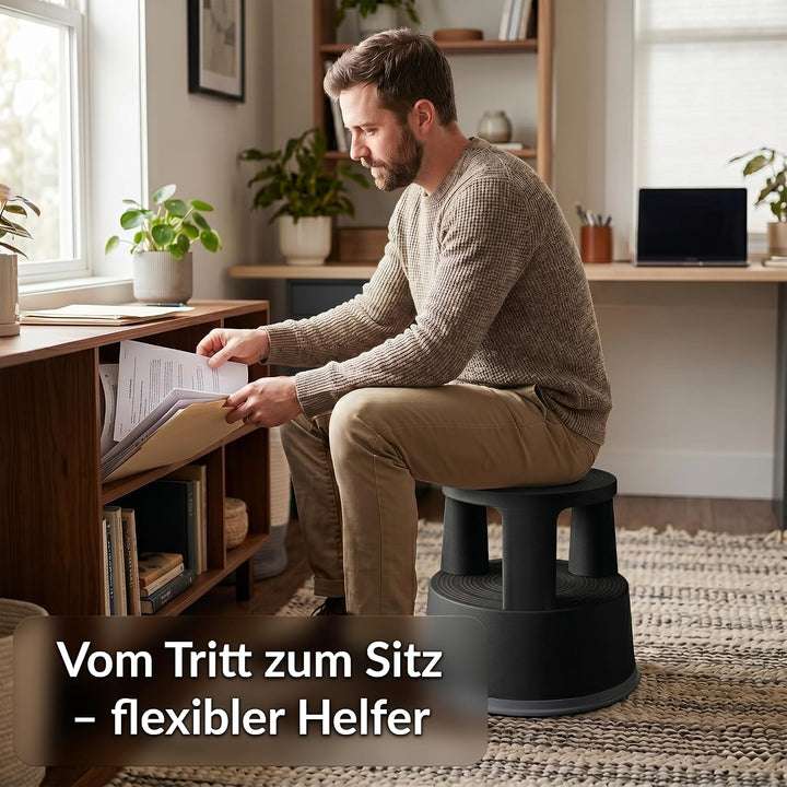 Office Marshal Rollhocker Kunststoff Elefantenfuss schwarz, Rutschfester Tritthocker mit Rollen, mob