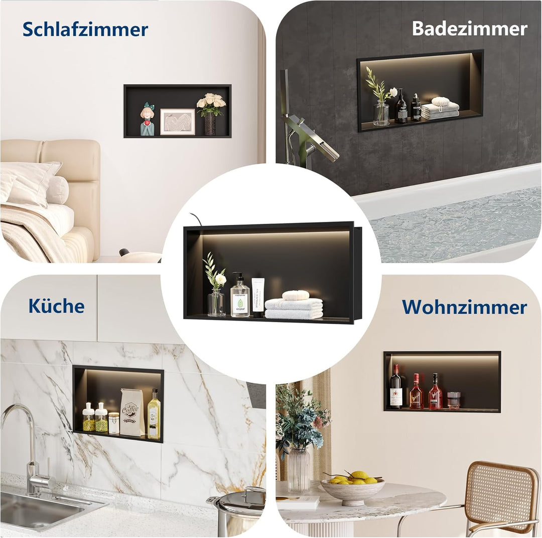 Wandnische Dusche Edelstahl mit LED-Licht, Eingebettete Duschnische 45x30cm mit 3 Farben für Badezim