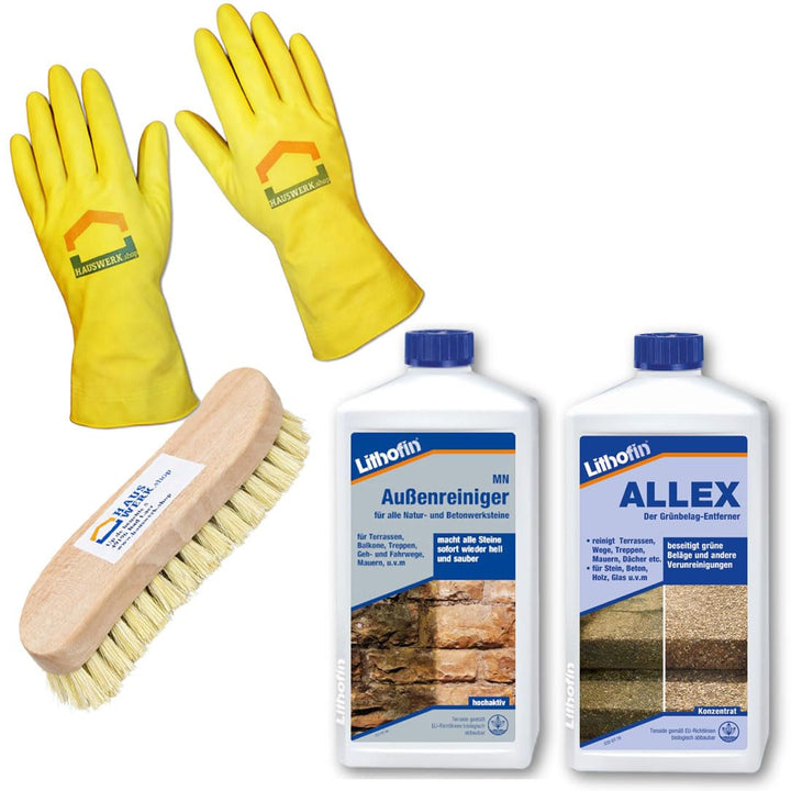 Set Lithofin Allex 1 Liter + 500 ml MN Aussenreiniger + Bürste + Haushaltshandschuhe