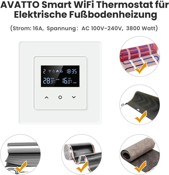 AVATTO 55x55mm Smart WiFi Thermostat für elektrische Fussbodenheizung, programmierbarer Raumthermost