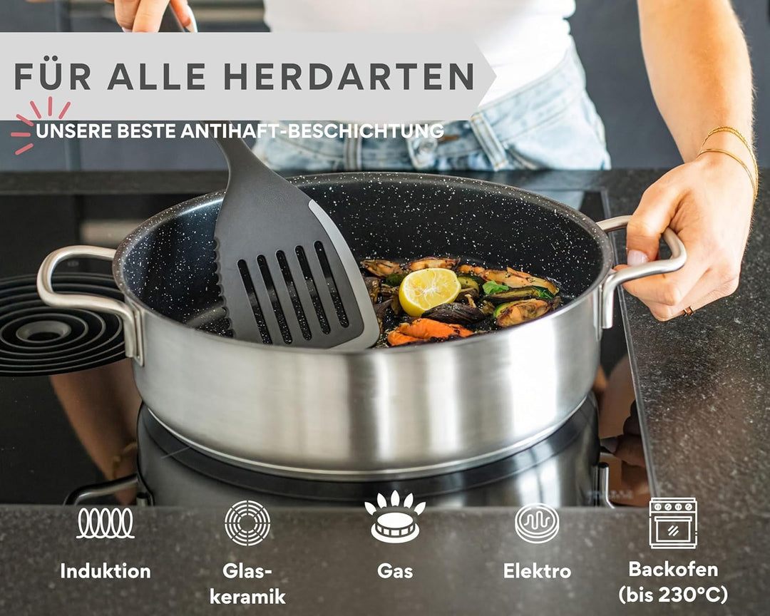 DIVORY Schmorpfanne 28cm Induktion, Servierpfanne mit Deckel 4,6l Edelstahl – beschichteter Kochtopf