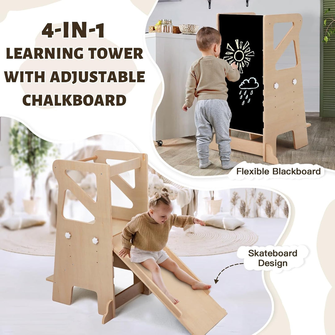 Labebe Lernturm für Kinder, Montessori Learning Tower mit Rutsche, 4-in-1 Verstellbare Höhen Lerntur