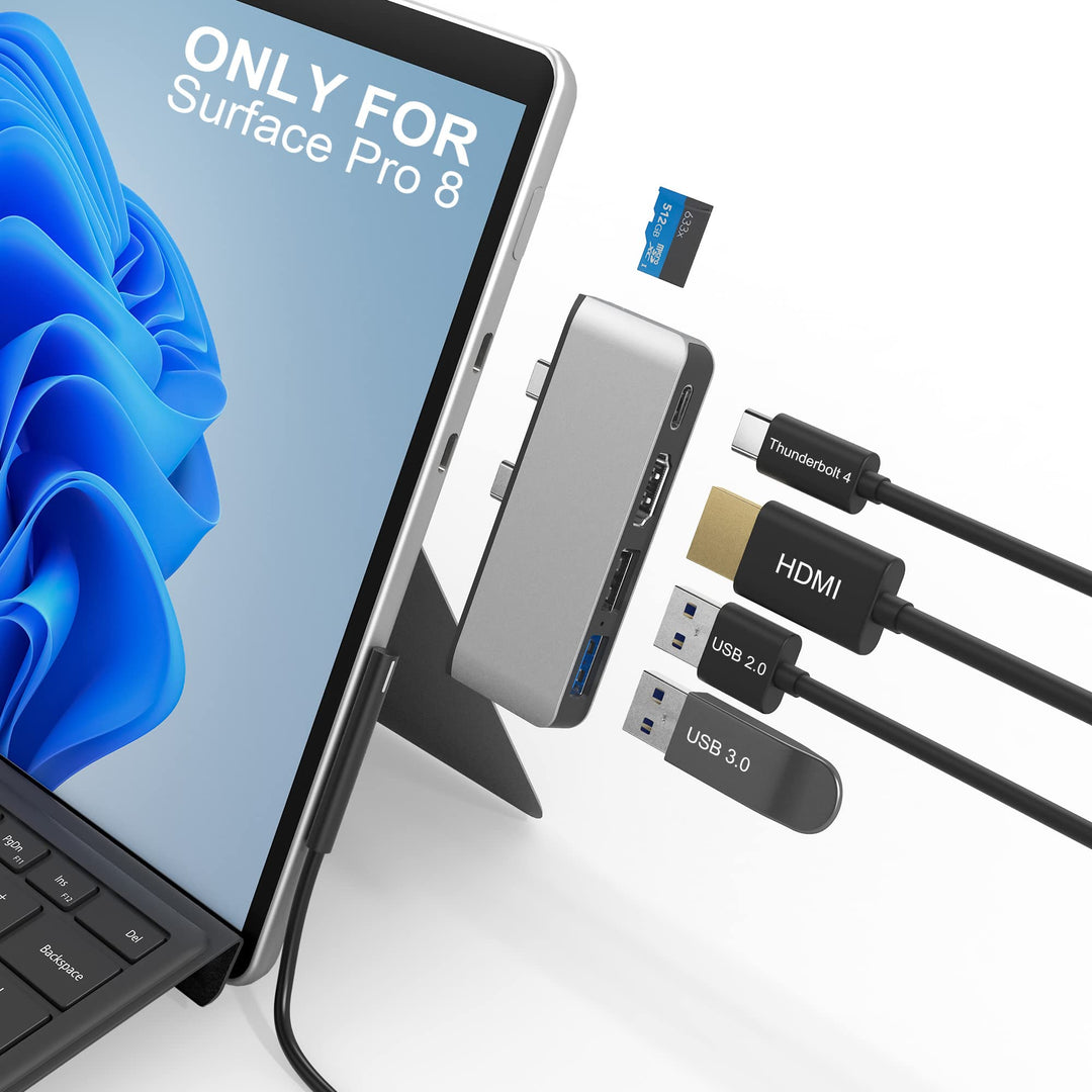 Surface Pro 8 Hub-Dockingstation mit 4K HDMI, USB-C Thunderbolt 4 (Display+Daten+PD), USB 3.0, USB 2